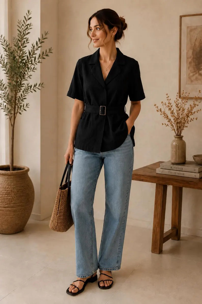 Women's Linen Belted Blazer