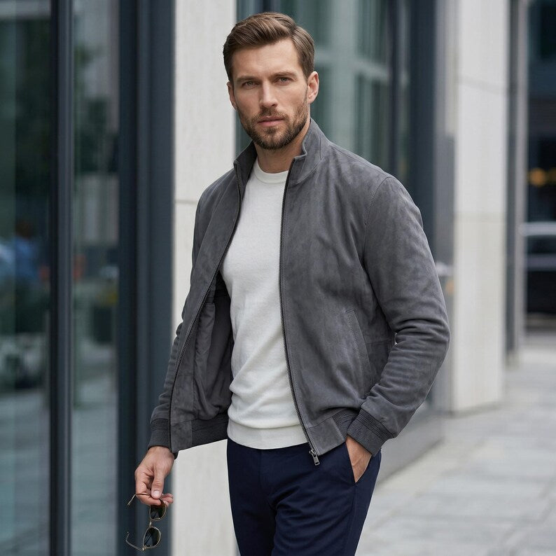 Grey Suede Bomber Jacket