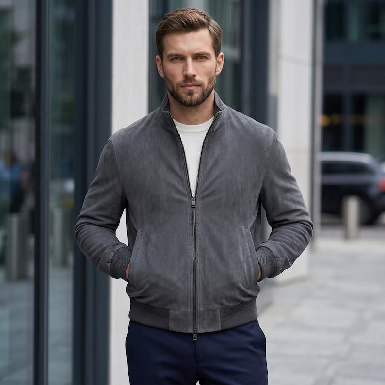 Grey Suede Bomber Jacket