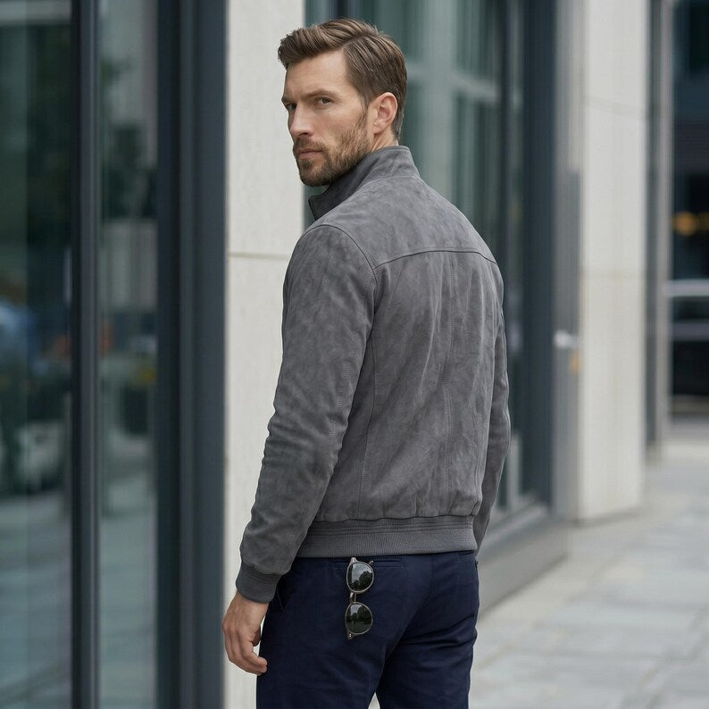 Grey Suede Bomber Jacket