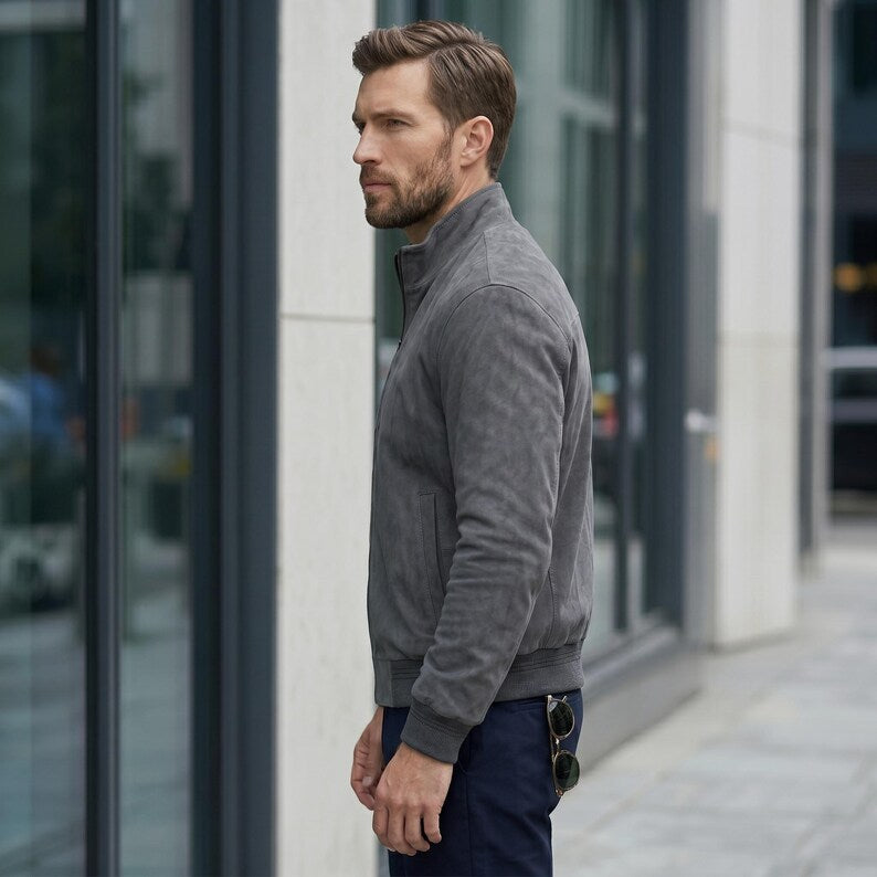 Grey Suede Bomber Jacket